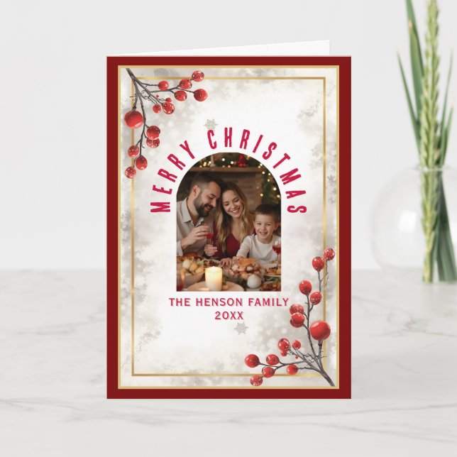 Elegant Red Berries Family Photo Christmas Holiday Card (Front)