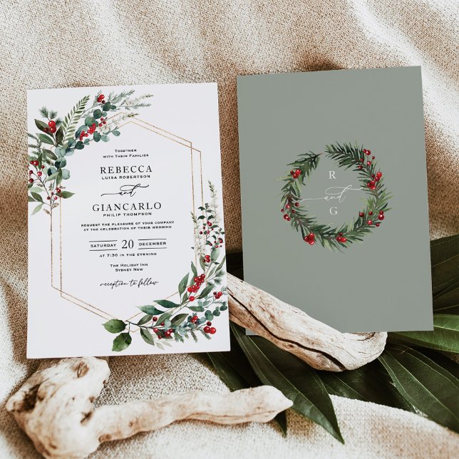 Elegant Red Berries Greenery Christmas Wedding Invitation (Creator Uploaded)