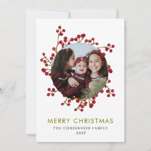 Elegant Red Berries Wreath Family Photo Christmas Holiday Card