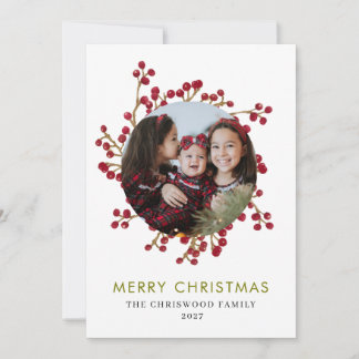 Elegant Red Berries Wreath Family Photo Christmas Holiday Card