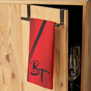 Elegant Red Black Abstract Design Initials Tea Towel