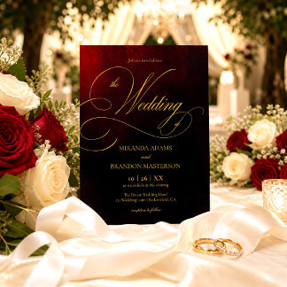 Elegant Red Black and Gold Calligraphy Wedding Invitation