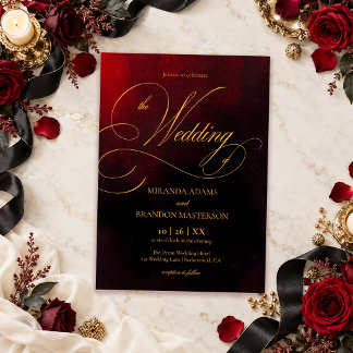 Elegant Red Black and Gold Calligraphy Wedding Invitation