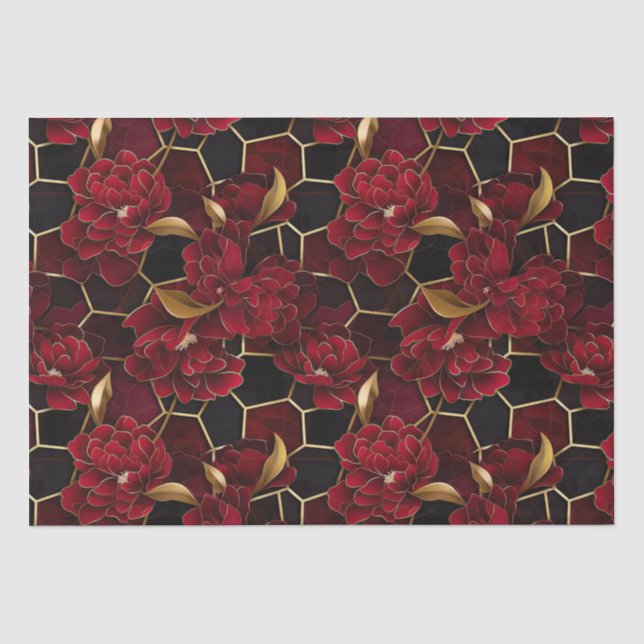 Elegant Red, Black and Gold Floral Marble Pattern Tissue Paper (Front)