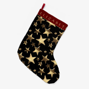 Elegant Red Black and Gold Stars Pattern with Name Large Christmas Stocking