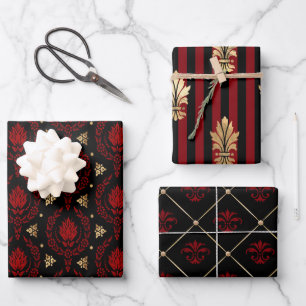 Elegant Red, Black and Gold Vintage Patterns Wrapping Paper Sheet