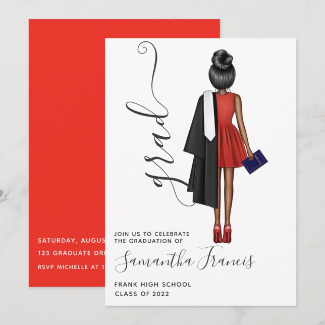 Elegant Red, Black and White Girl Graduation Party Invitation (Front/Back)
