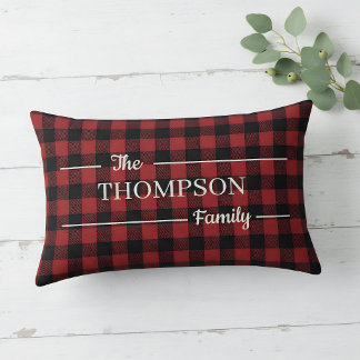 Elegant Red & Black Buffalo Plaid Family Name Lumbar Cushion