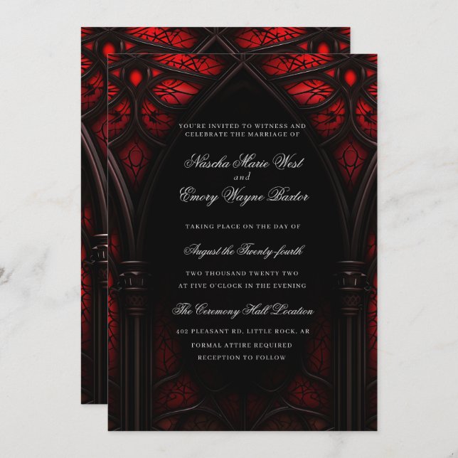 Elegant Red & Black Cathedral Gothic Wedding Invitation (Front/Back)