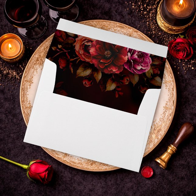 Elegant red black chic moody floral wedding  envelope (Creator Uploaded)
