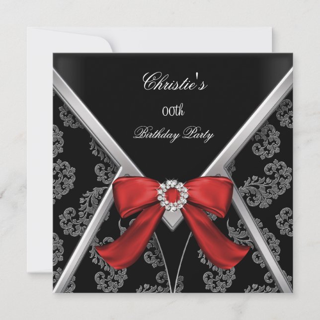 Elegant Red Black Damask Bow Birthday Party Invitation (Front)