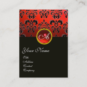 ELEGANT RED BLACK DAMASK RUBY GEMSTONE MONOGRAM BUSINESS CARD