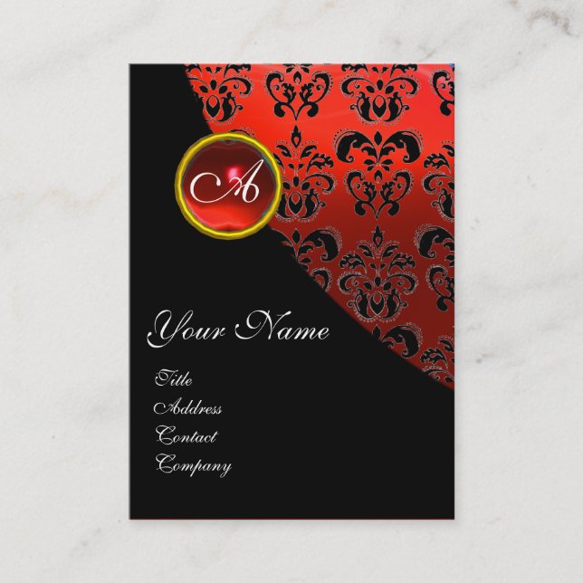 ELEGANT RED BLACK DAMASK RUBY GEMSTONE MONOGRAM, BUSINESS CARD (Front)
