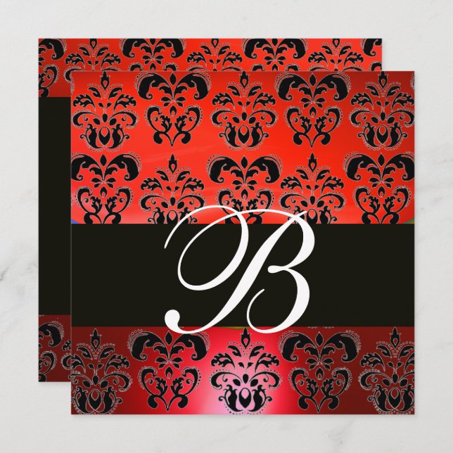 ELEGANT RED BLACK DAMASK WEDDING MONOGRAM INVITES (Front/Back)