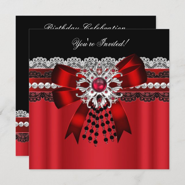 Elegant Red Black Diamond Silver Lace Party 2 Invitation (Front/Back)