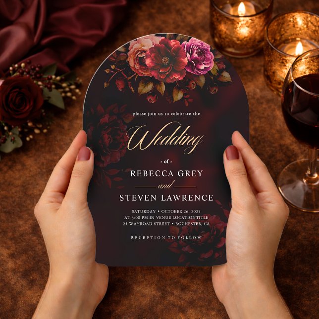 Elegant red black floral wedding arch invitation (Creator Uploaded)