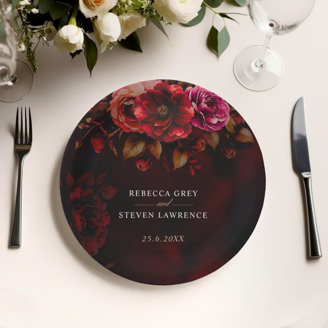 Elegant red black floral Wedding moody romantic  Paper Plate (Creator Uploaded)