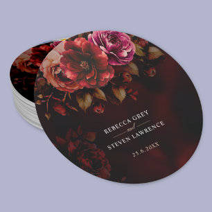 Elegant red black floral Wedding moody romantic  Round Paper Coaster