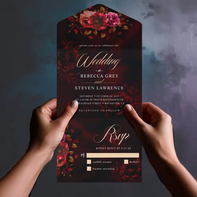 Elegant red black floral wedding romantic moody all in one invitation (Creator Uploaded)