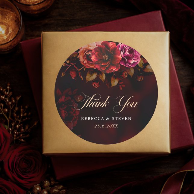 Elegant red black floral Wedding thank you Classic Round Sticker (Creator Uploaded)