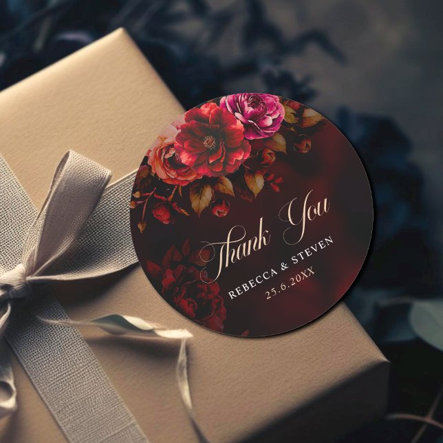 Elegant red black floral Wedding thank you Classic Round Sticker (Creator Uploaded)