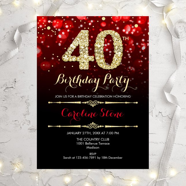 Elegant Red Black Gold 40th Birthday Invitation (Creator Uploaded)