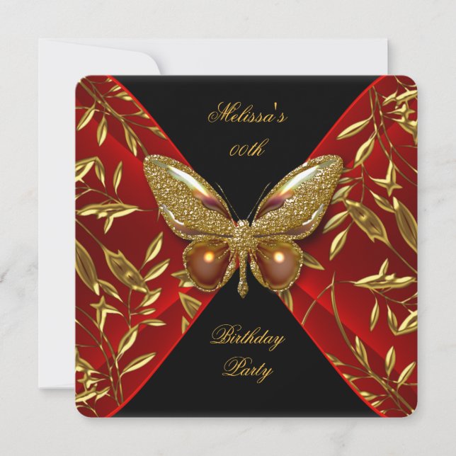 Elegant Red Black Gold Butterfly Birthday Party Invitation (Front)
