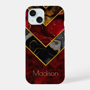 Elegant red black gold girly geometric iPhone 15 Case