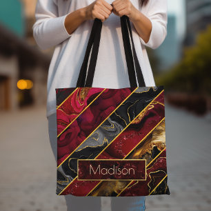 Elegant red black gold girly glitter striped  tote bag