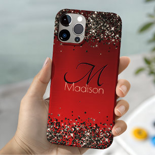 Elegant red black gold glitter monogram Case-Mate iPhone Case