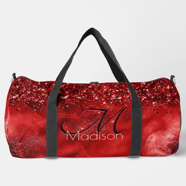 Elegant red black gold glitter monogram  duffle bag (Front)