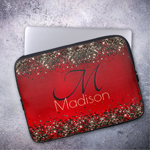 Elegant red black gold glitter monogram Laptop Sleeve