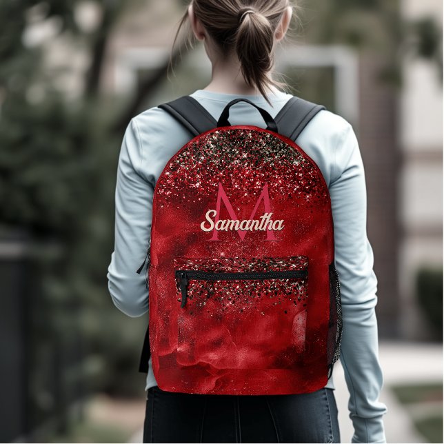 Elegant red black gold glitter monogram printed backpack (Creator Uploaded)