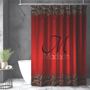Elegant red black gold glitter monogram Shower Curtain
