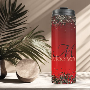 Elegant red black gold glitter monogram Thermal Tumbler