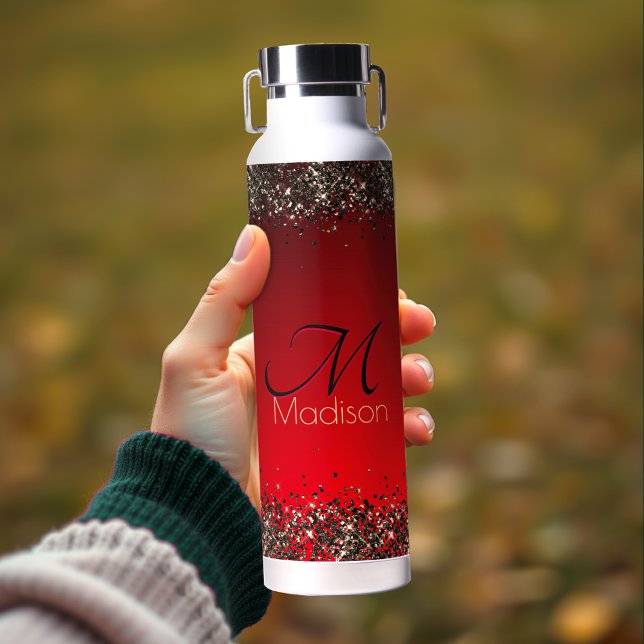  Elegant red black gold glitter monogram Water Bottle (Creator Uploaded)