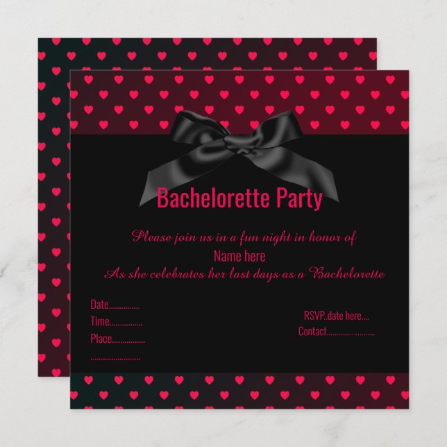 ELEGANT RED BLACK heart BACHELORETTE INVITATION (Front/Back)