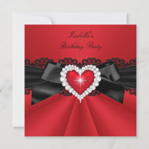 Elegant Red Black Heart Birthday Party Invitation