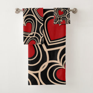 Elegant Red Black Heart Pattern Retro Bath Towel Set