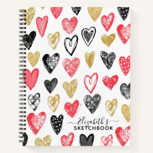 Elegant Red Black Hearts Your Name Sketchbook Notebook