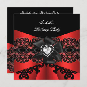 Elegant Red Black Lace Diamond Bow Birthday Party Invitation