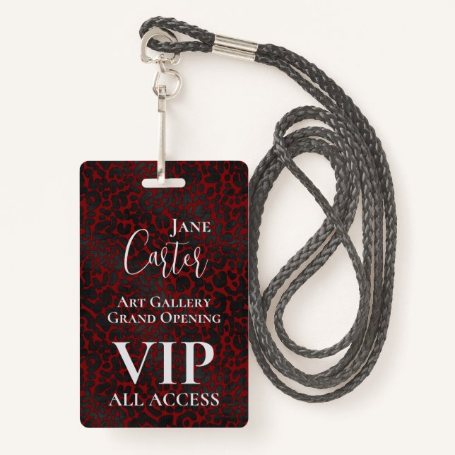 Elegant Red Black Leopard VIP All Access Pass  ID Badge (Front with Lanyard)