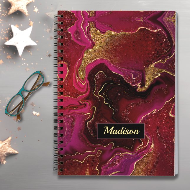 Elegant red black marbling faux gold glitter notebook (Creator Uploaded)
