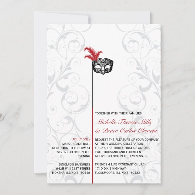 Elegant Red Black Masquerade Wedding Invitations (Front)