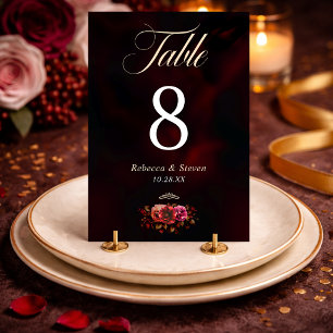 Elegant Red Black Moody Floral Gothic Wedding Table Number