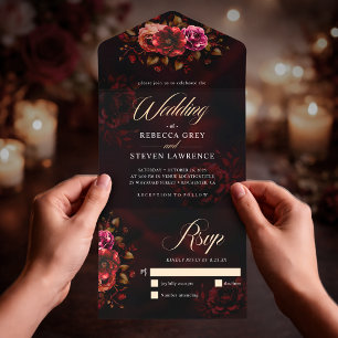 Elegant Red Black Moody Floral Wedding All In One Invitation