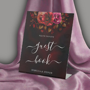 Elegant Red Black Moody Floral Wedding Pedestal Sign