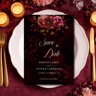 Elegant red black moody floral wedding save the date