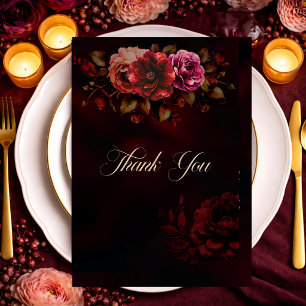 Elegant red black moody floral wedding thank you card