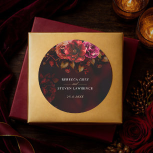 Elegant Red Black Moody Gothic Floral Wedding Classic Round Sticker